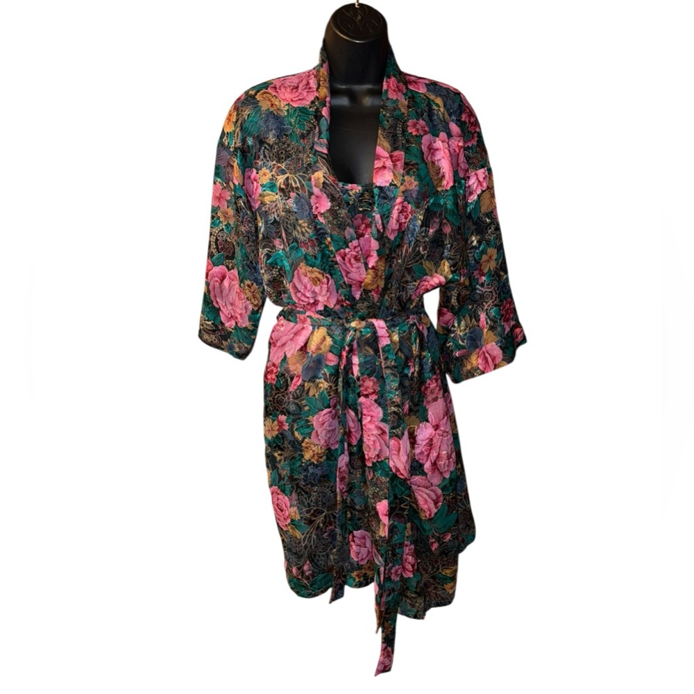 Vintage Floral Mesh Women's Intimated Robe with Matching Slip Dress Inner Most